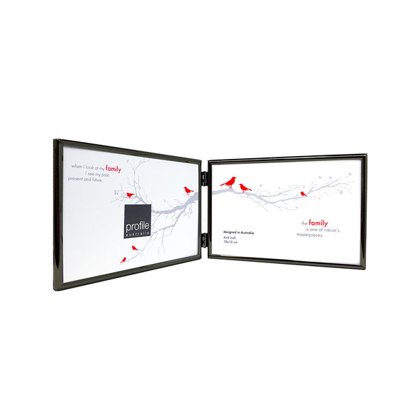 A shiny finish metal double horizontal standing photo frame with a thin rounded design in black