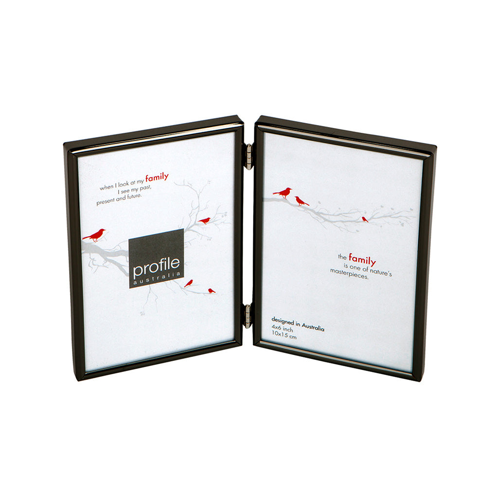 A shiny finish metal double vertical standing photo frame with a thin rounded design in black