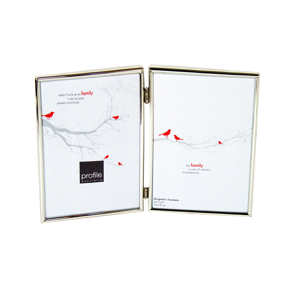 A shiny finish metal double vertical standing photo frame with a thin rounded design in silver