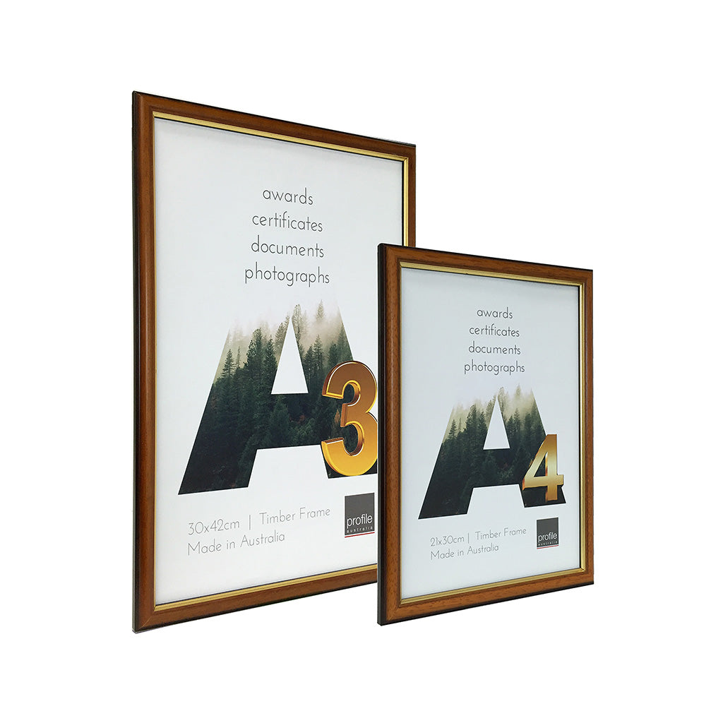 A4 - A3  certificate sized Australian made timber frame with walnut stain finish and gold trim